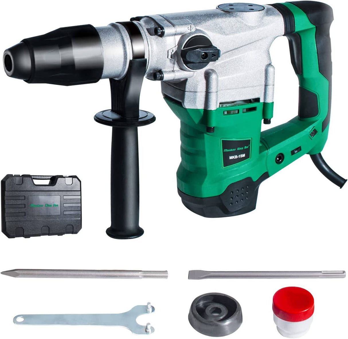 Monkey King Bar-SDS Max 120V 1500W 4200BPM Taladro percutor eléctrico rotatorio para hormigón con protección UVP contra vibraciones del usuario - Incluye kit de demolición SDS Max, cinceles planos y de punta con estuche - DIGVICE MX