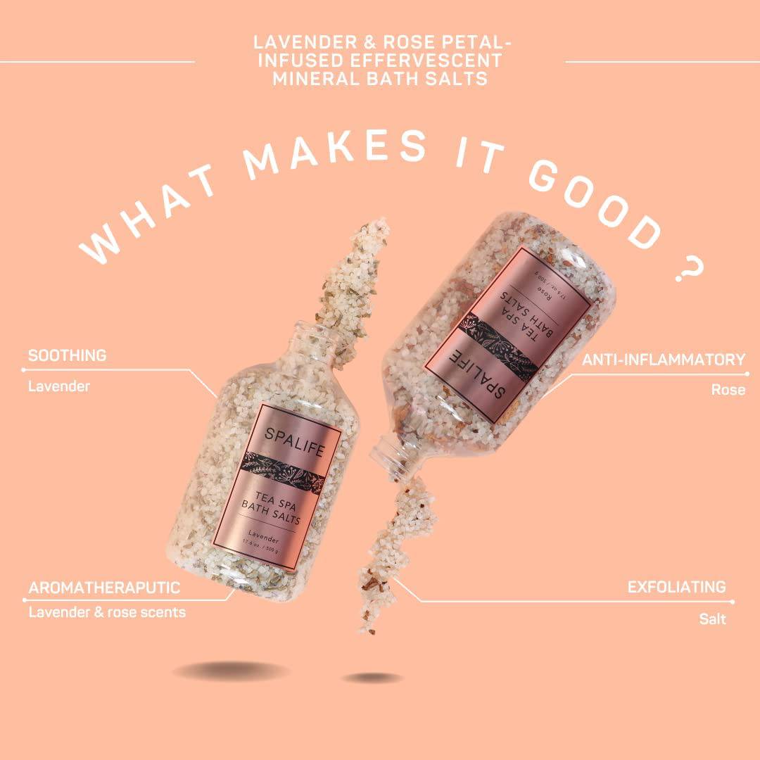 SpaLife Sales de baño minerales efervescentes con infusión de pétalos calmantes - 2 Paquete 17.6 oz. ea (lavanda y rosa)