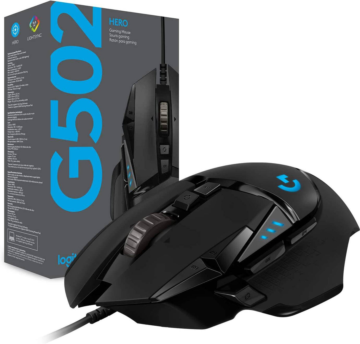 Logitech G502 HERO - Ratón para juegos con cable de alto rendimiento, sensor HERO 25K, 25 600 DPI, RGB, pesos ajustables, 11 botones programables, memoria integrada, PC/Mac