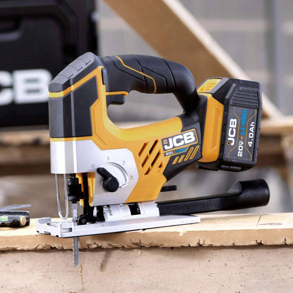 JCB Tools - JCB 20V Herramienta eléctrica inalámbrica para sierra caladora con vástago en T - Sin batería - Para mejoras en el hogar, volutas, bordes curvos, formas difíciles - Con luz LED, soplador de polvo y accesorio para aspiradora - DIGVICE MX