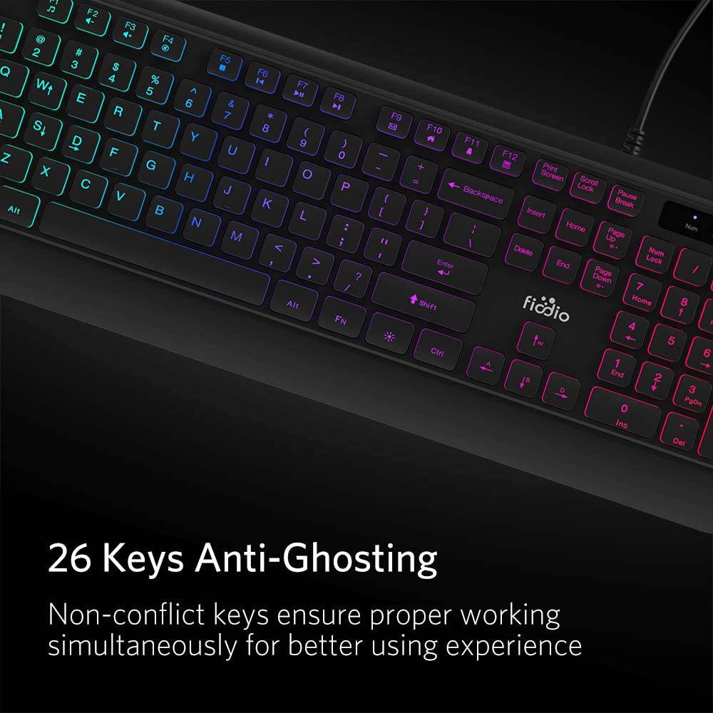 Fiodio Rainbow Membrane Gaming Keyboard, Silent Wired Computer Keyboard, 104 Silent Keys, 26 Anti-Ghosting Keys, Resistente a derrames, Control multimedia para PC y escritorio