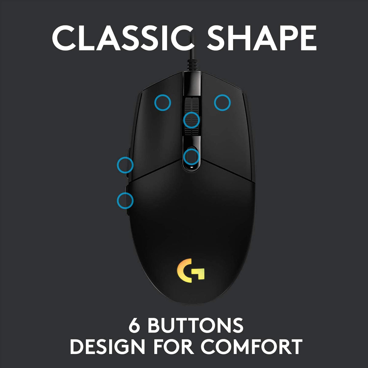 Logitech G203 - Ratón para juegos con cable, 8,000 DPI, efecto óptico arcoíris LIGHTSYNC RGB, 6 botones programables, memoria integrada, mapeo de pantalla, compatible con computadoras PC/Mac y portátiles - Negro