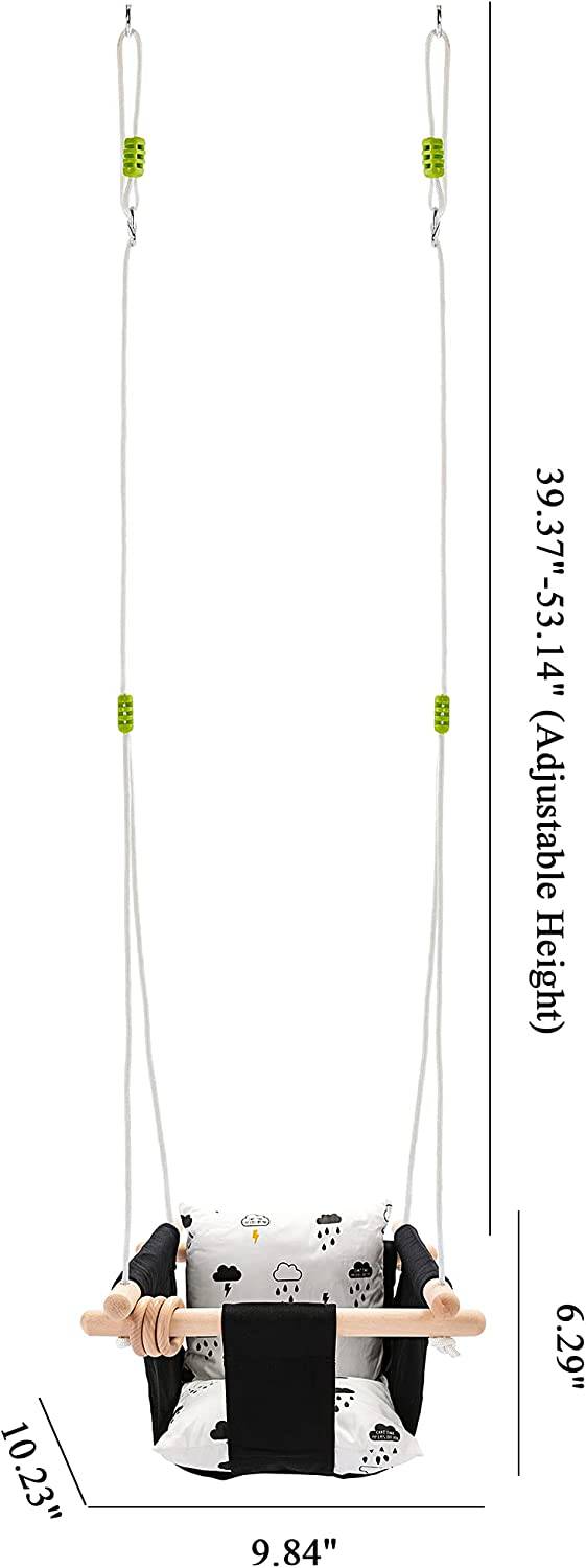 Milan Secure Canvas and Wooden Baby - Columpio exterior Juguetes para niños Columpios 6-36 meses con anillo de madera natural y cojín de nube, blanco y negro - DIGVICE MX
