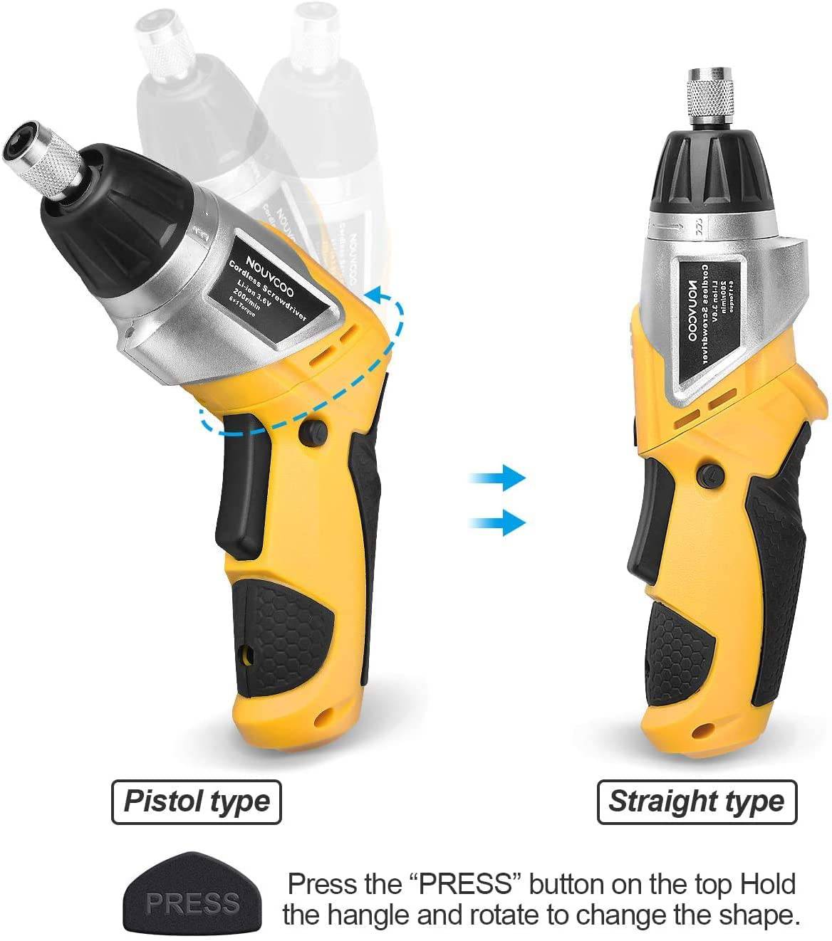 Destornillador eléctrico inalámbrico, NOUVCOO 47 piezas de pistolas de tornillo recargables con luces LED integradas, 7 ajustes de par, batería de iones de litio de 3,6 V 1300 mAh, accesorios completos para bricolaje doméstico, amarillo - DIGVICE MX