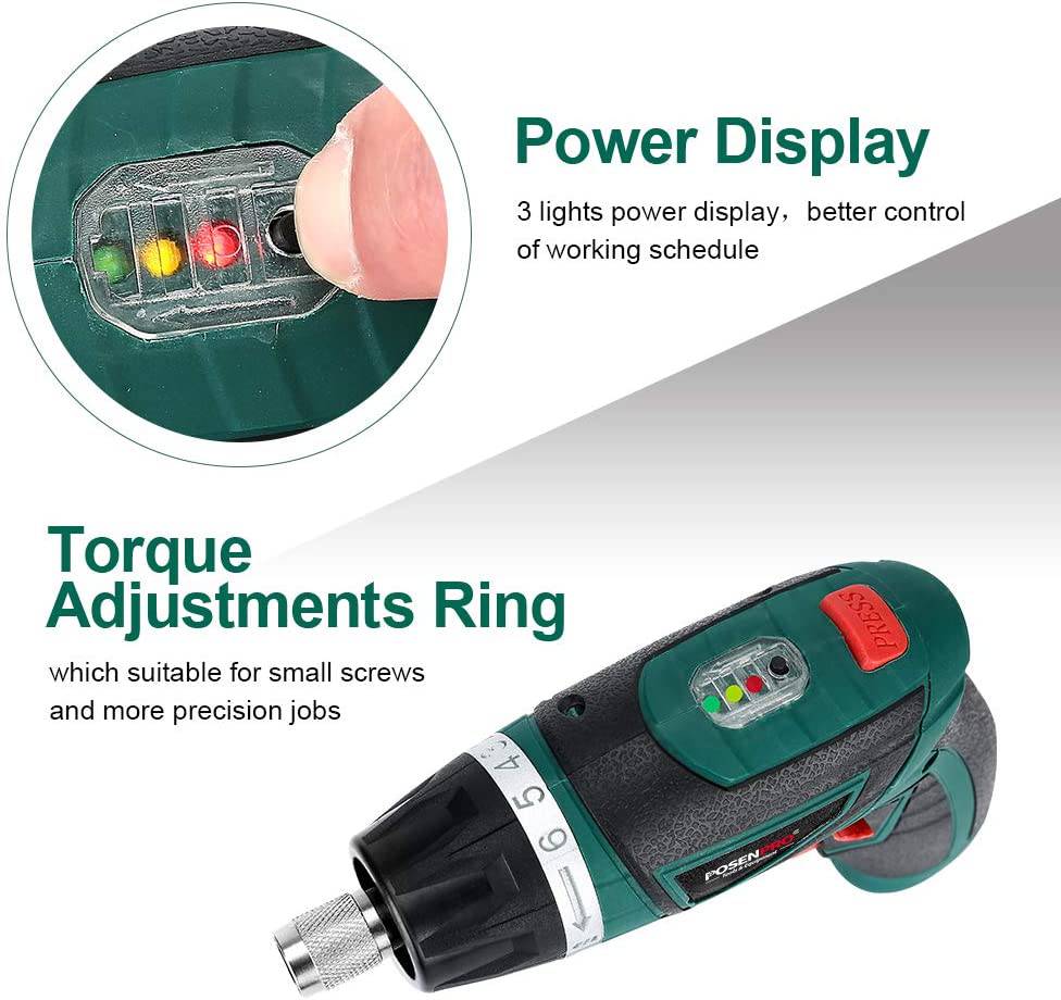 Destornillador eléctrico inalámbrico POSENPRO, destornillador de potencia recargable de 7,2 V con 48 accesorios, pistola de tornillo con ajuste de par 6+1 y mango giratorio para bricolaje doméstico, embalaje BMC - PCCS24GU - DIGVICE MX