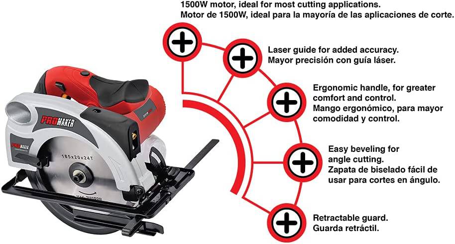 Sierra circular Promaker para trabajo pesado de 7 1/4, 5500 RPM, sierra circular eléctrica de 13 AMP, sierra circular con cable y guía láser, sierra eléctrica con disco para cortar madera, sierra para madera de 1500 W. PRO-SC1500 - DIGVICE MX