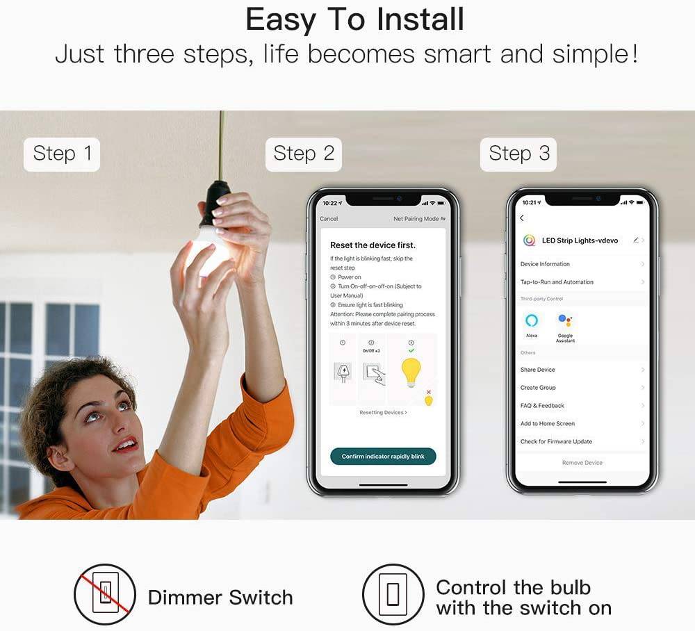 TREATLIFE - Bombillas inteligentes, bombilla LED WiFi, bombilla inteligente regulable funciona con Alexa, Google Home, SmartThings, blanco cálido y blanco frío (2700 K-6500 K), 2,4 Ghz, 800 lm, E26, A19, 9 W, no requiere concentrador - DIGVICE MX