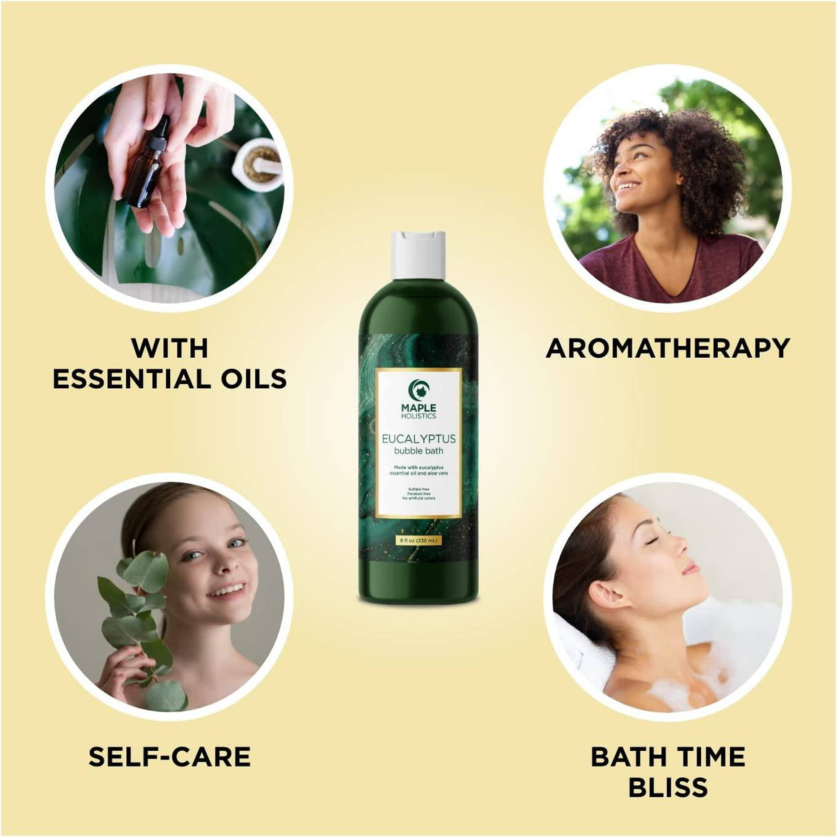Maple Holistics - Jabón de baño de burbujas de eucalipto premium, baño de burbujas sin sulfato con aceites esenciales relajantes con vitamina E, aceite de baño espumoso para piel seca con aceites de aromaterapia