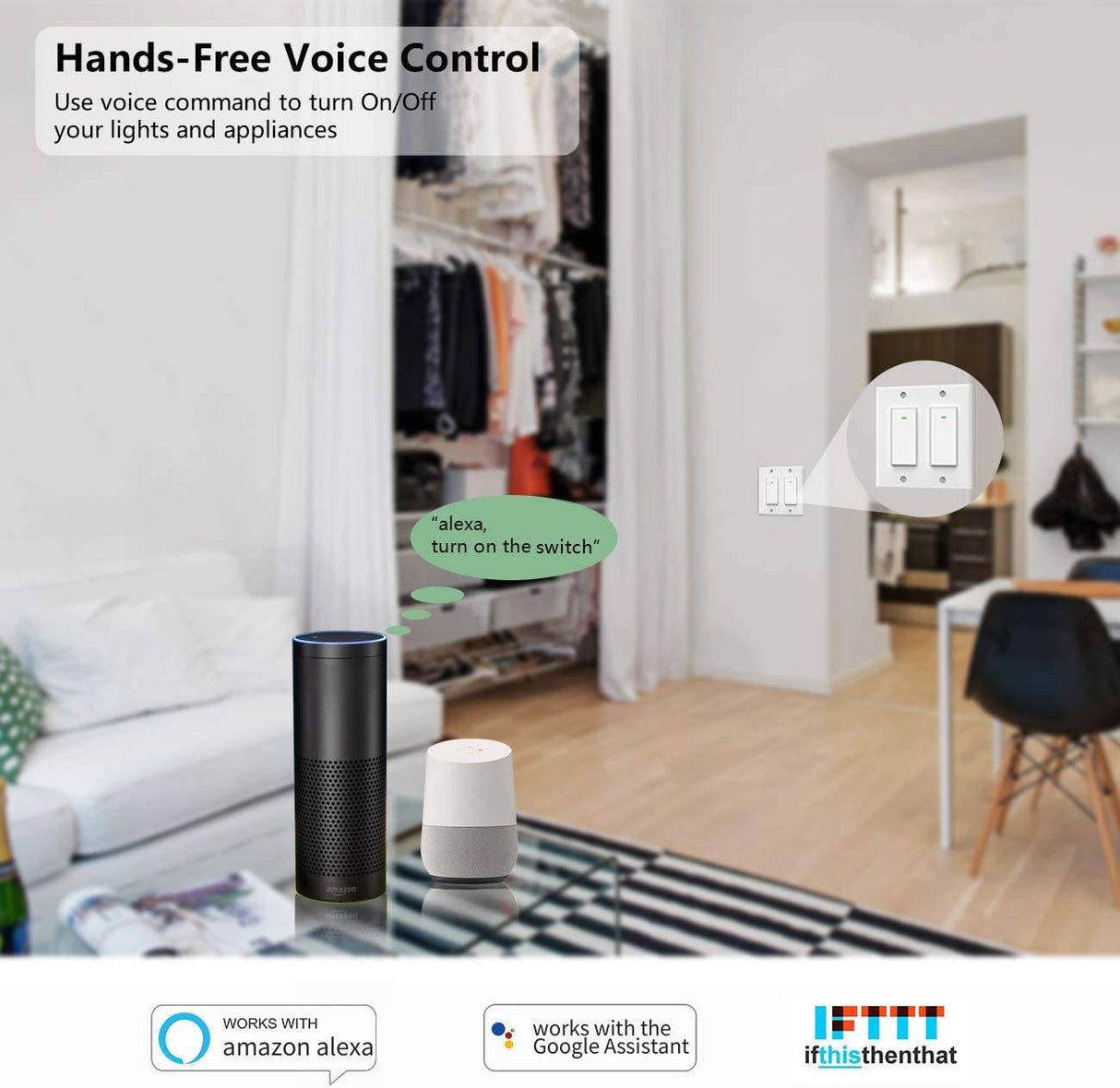 LESIM Interruptor de luz Alexa, interruptores de luz Wifi inteligentes dobles, interruptor inteligente de 2 bandas que funciona con el Asistente de Google e IFTTT (dos interruptores separados con una placa de pared) - DIGVICE MX