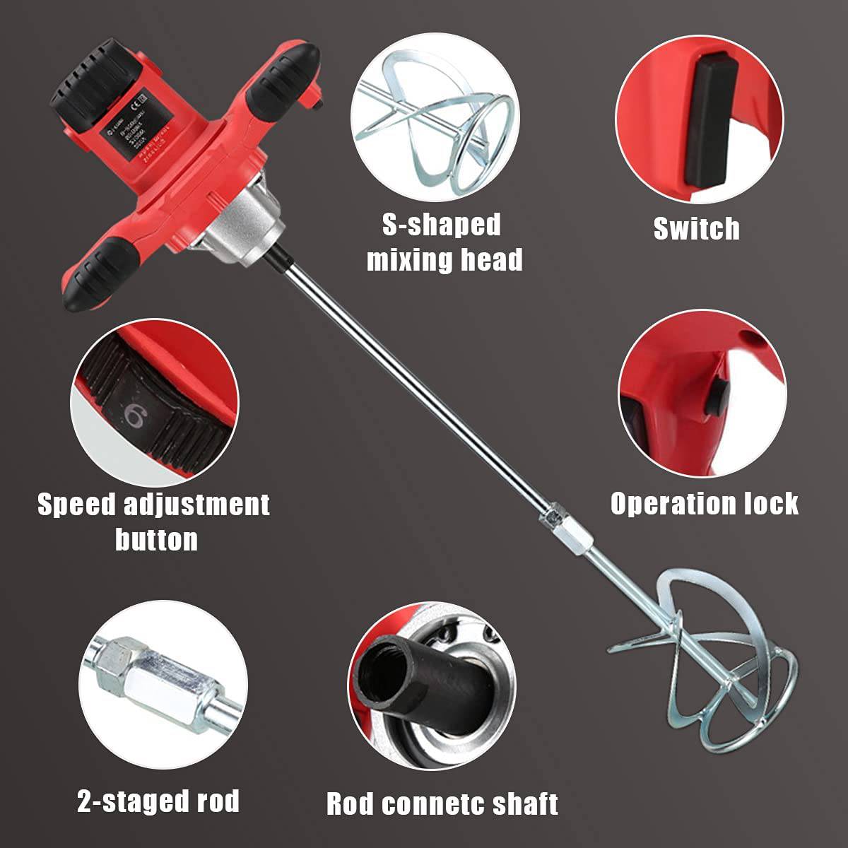 SIMFORT - Mezclador de cemento mezclador de pintura, mezclador de hormigón portátil de 2100 W para mezclar yeso de barro, ajuste de 6 velocidades, mezclador de mortero de mano de 110 V con guantes - DIGVICE MX