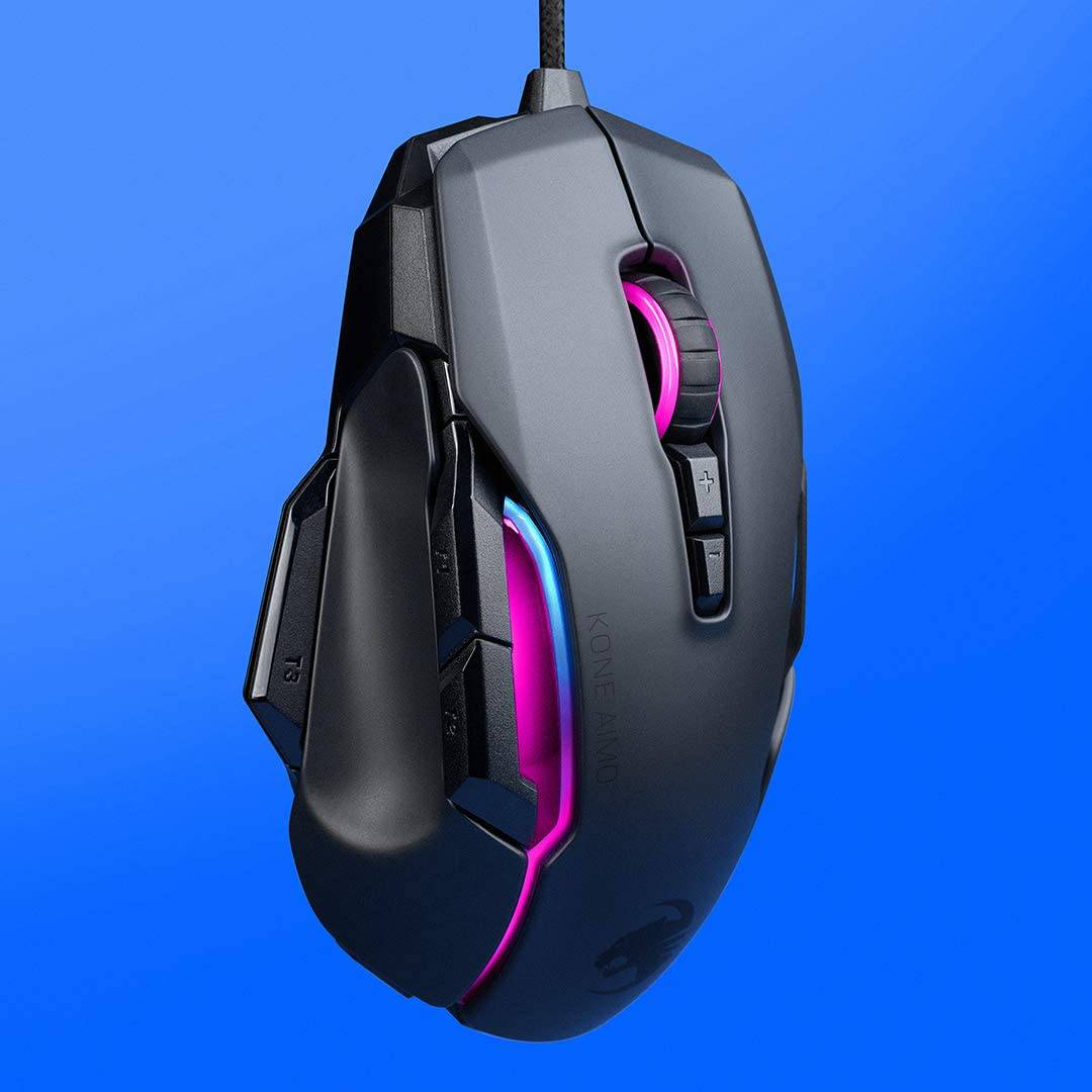 ROCCAT Kone AIMO - Ratón para juegos de PC remasterizado, óptico, iluminación retroiluminada RGB, 23 teclas programables, memoria integrada, empuñadura de palma, sensor de ojo de búho, ergonómico, iluminación LED, ajustable a 16 000 ppp, negro