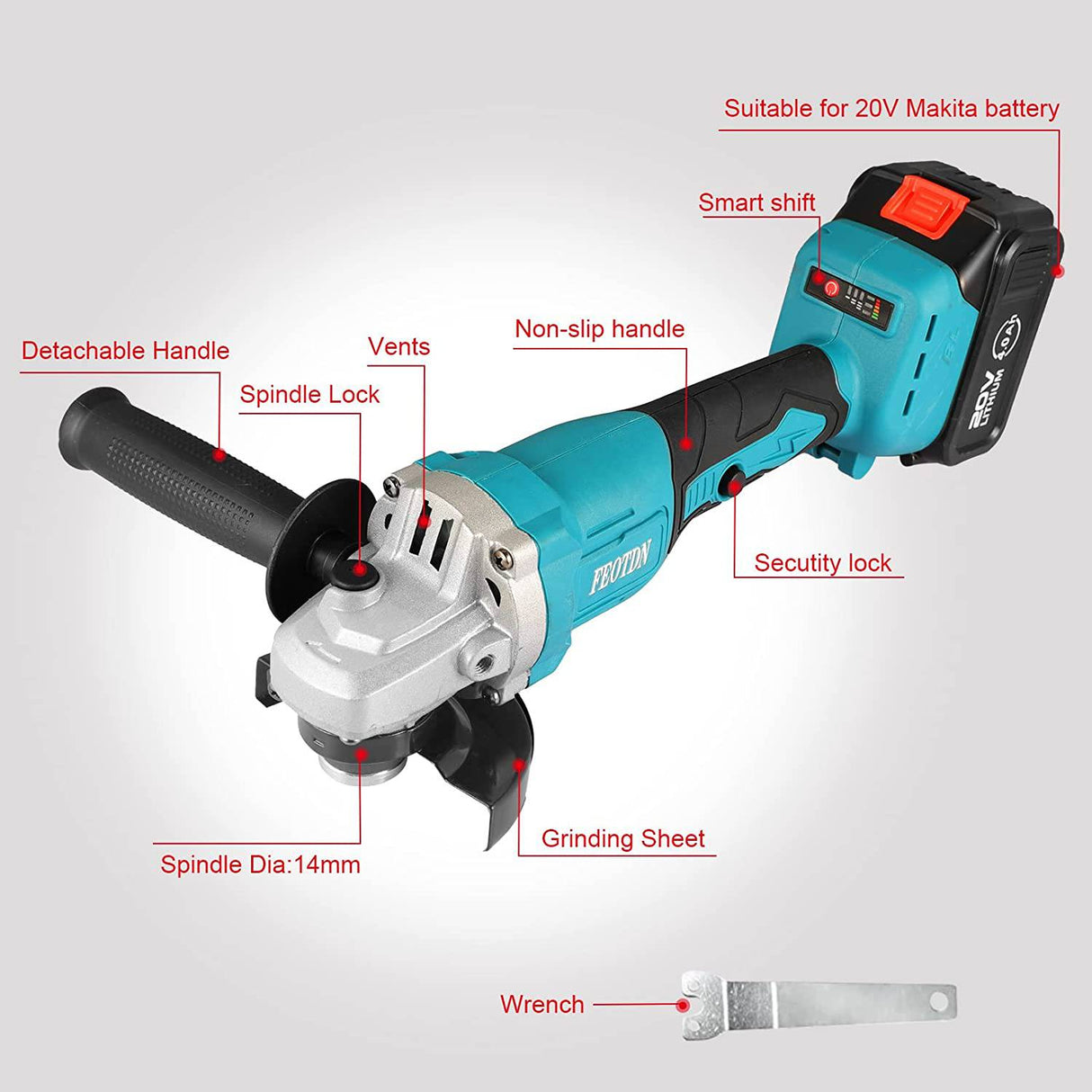Amoladora angular inalámbrica FEOTDN de 20 V, herramienta de amoladora eléctrica con batería de litio de 4,0 AH, motor sin escobillas de 10000 RPM, amoladora con mango ajustable, amoladora de metal y corte de madera/metal - DIGVICE MX