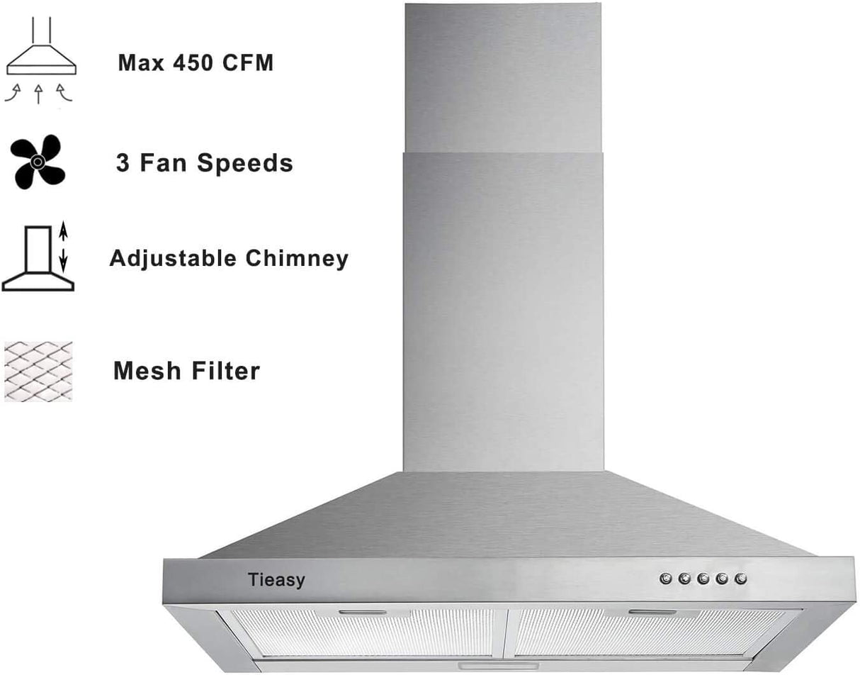 TIEASY - Campana extractora de montaje en pared de 30 pulgadas con conducto convertible con/sin conducto, estilo chimenea de acero inoxidable con luz LED, ventilador de escape de 3 velocidades, 450 CFM - DIGVICE MX