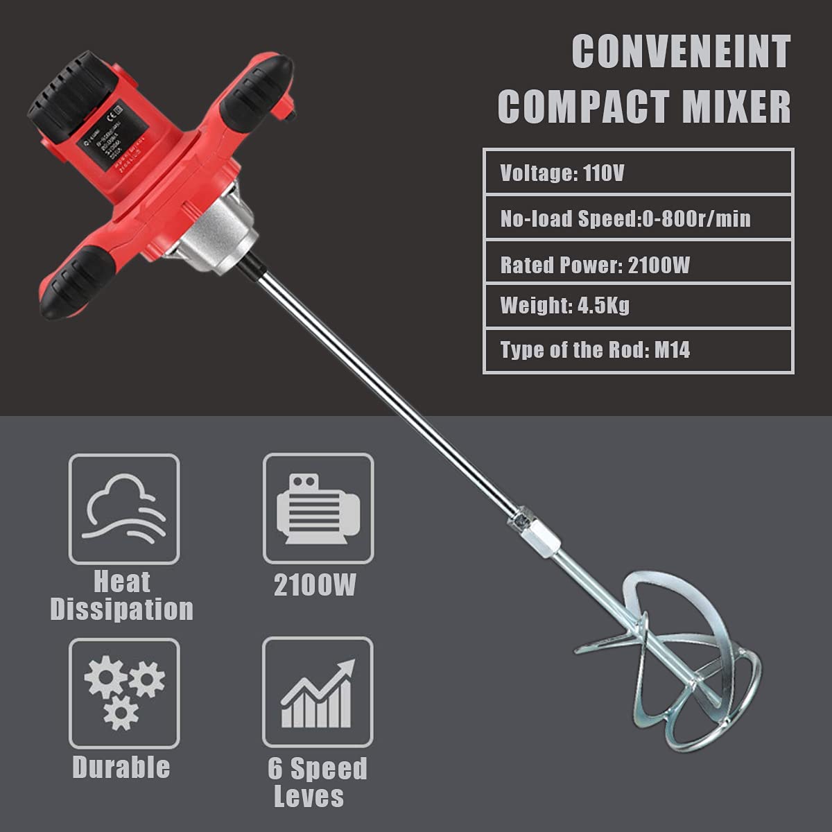 SIMFORT - Mezclador de cemento mezclador de pintura, mezclador de hormigón portátil de 2100 W para mezclar yeso de barro, ajuste de 6 velocidades, mezclador de mortero de mano de 110 V con guantes - DIGVICE MX