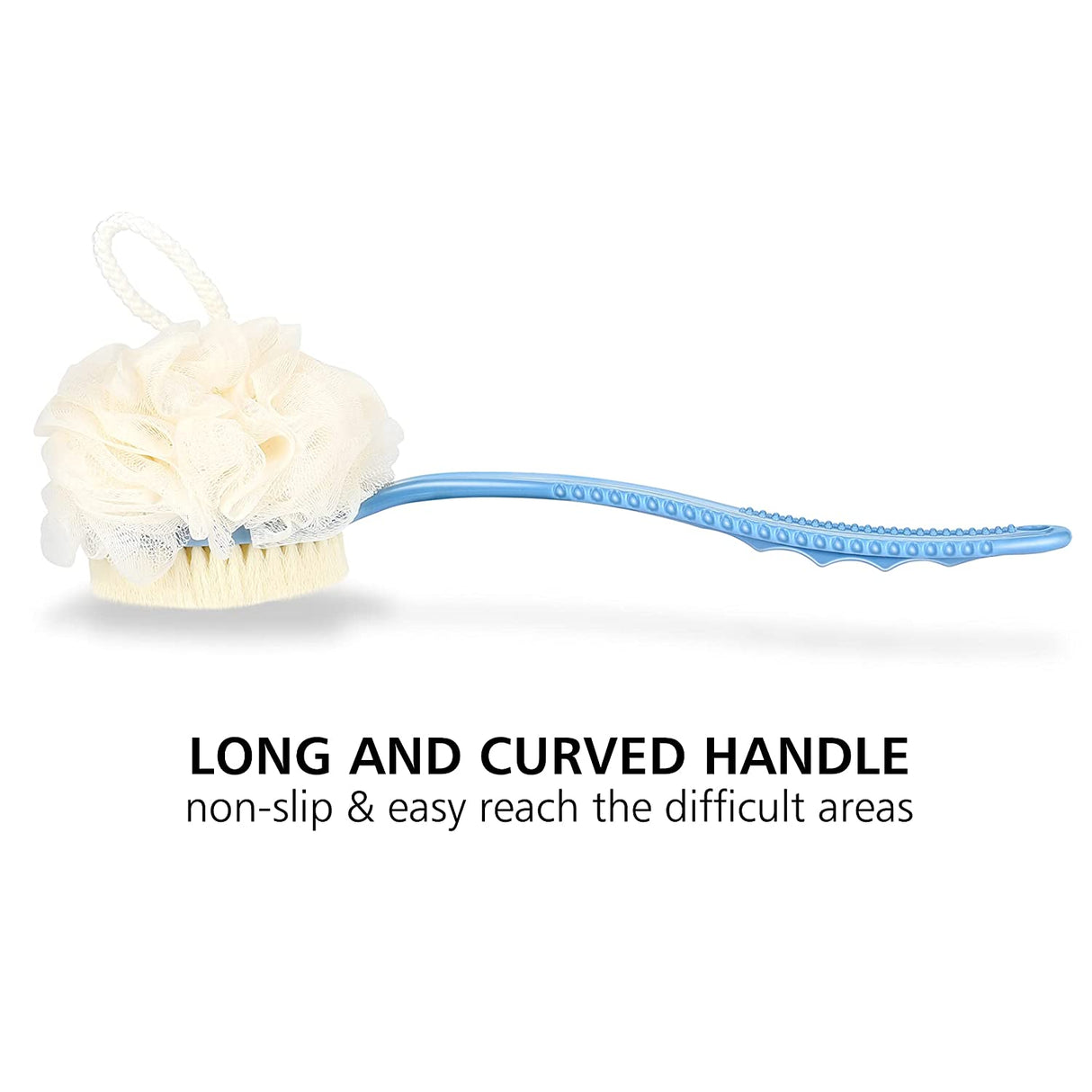 Honoma - Cepillo para el cuerpo de la ducha con cerdas y lufa, esponja de malla de baño para fregar la espalda con mango largo curvo para el baño exfoliante de la piel