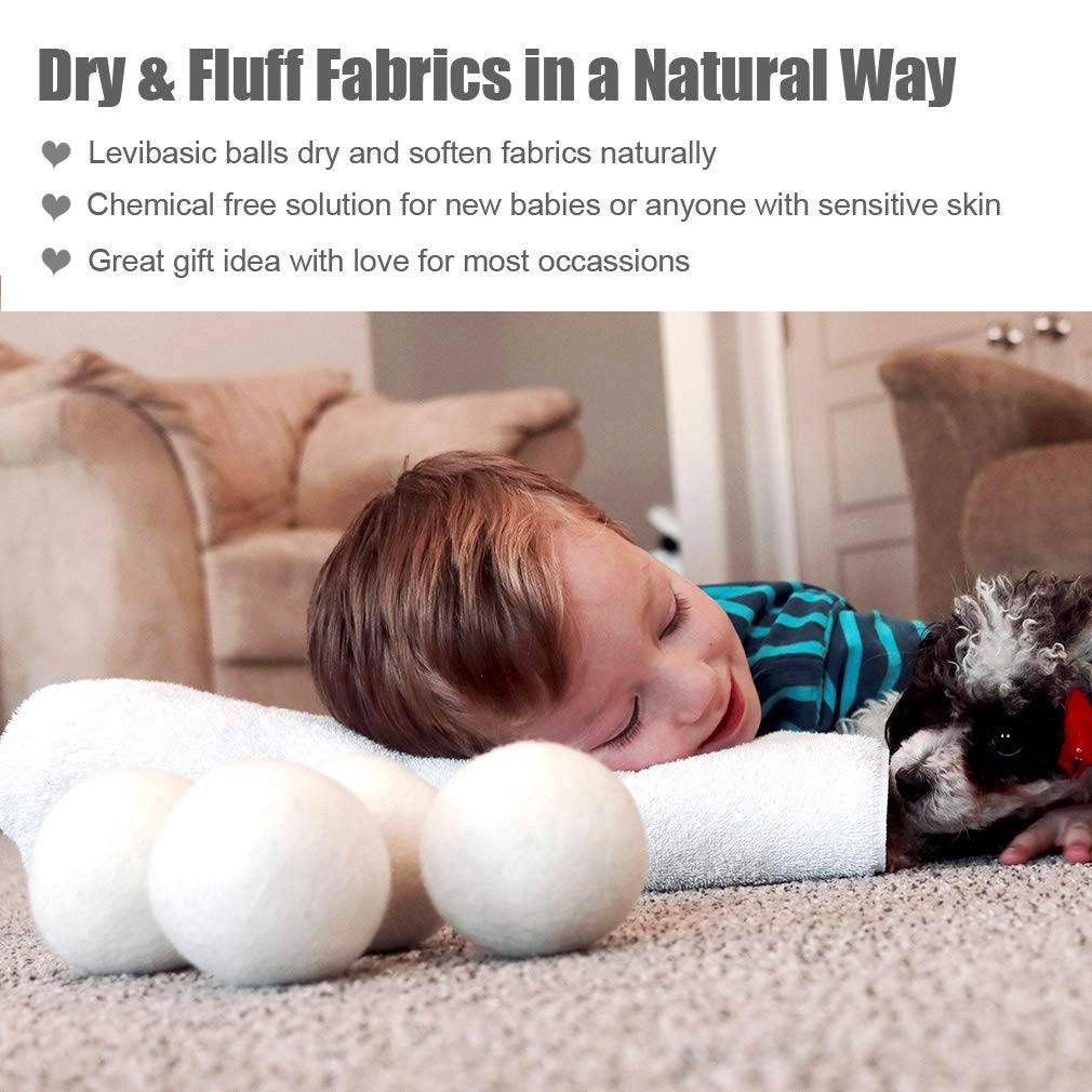 LEVIBASIC Bolas de lana para secadora, paquete de 6 XL, 3 pulgadas de lana auténtica de Nueva Zelanda hasta el núcleo, alternativa suavizante de tela 100 % orgánica, seguro para bebés y sin químicos, reduce las arrugas y acorta el tiempo de secado - DIGVICE MX