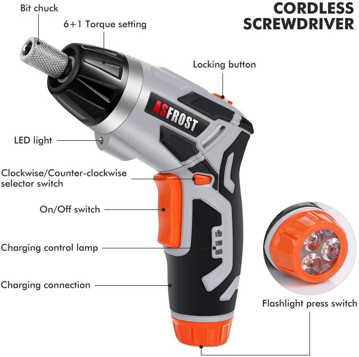 Destornillador eléctrico inalámbrico AsFrost 3.6V 2000mAh Recargable Pistola de tornillo y juego de puntas, 45 piezas de accesorios, 7 ajustes de torsión, mango de 2 posiciones con luz LED, eje flexible - DIGVICE MX