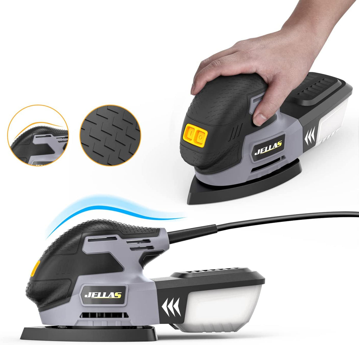 JELLAS - Lijadora de detalles , compacta para madera, lijadoras de 13,000 RPM, lijadora de mano de 2 amperios con 12 papeles de lija estándar, almohadillas de lijado incluidas, MS220-SD - DIGVICE MX