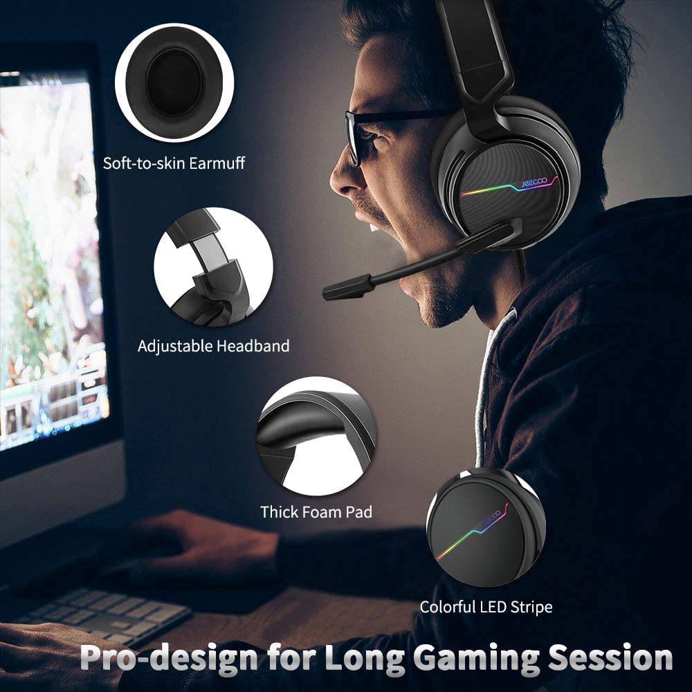 Jeecoo USB Pro Gaming Headset para PC - Auriculares de sonido envolvente 7.1 con micrófono con cancelación de ruido - Almohadillas de espuma viscoelástica Luces RGB para portátiles
