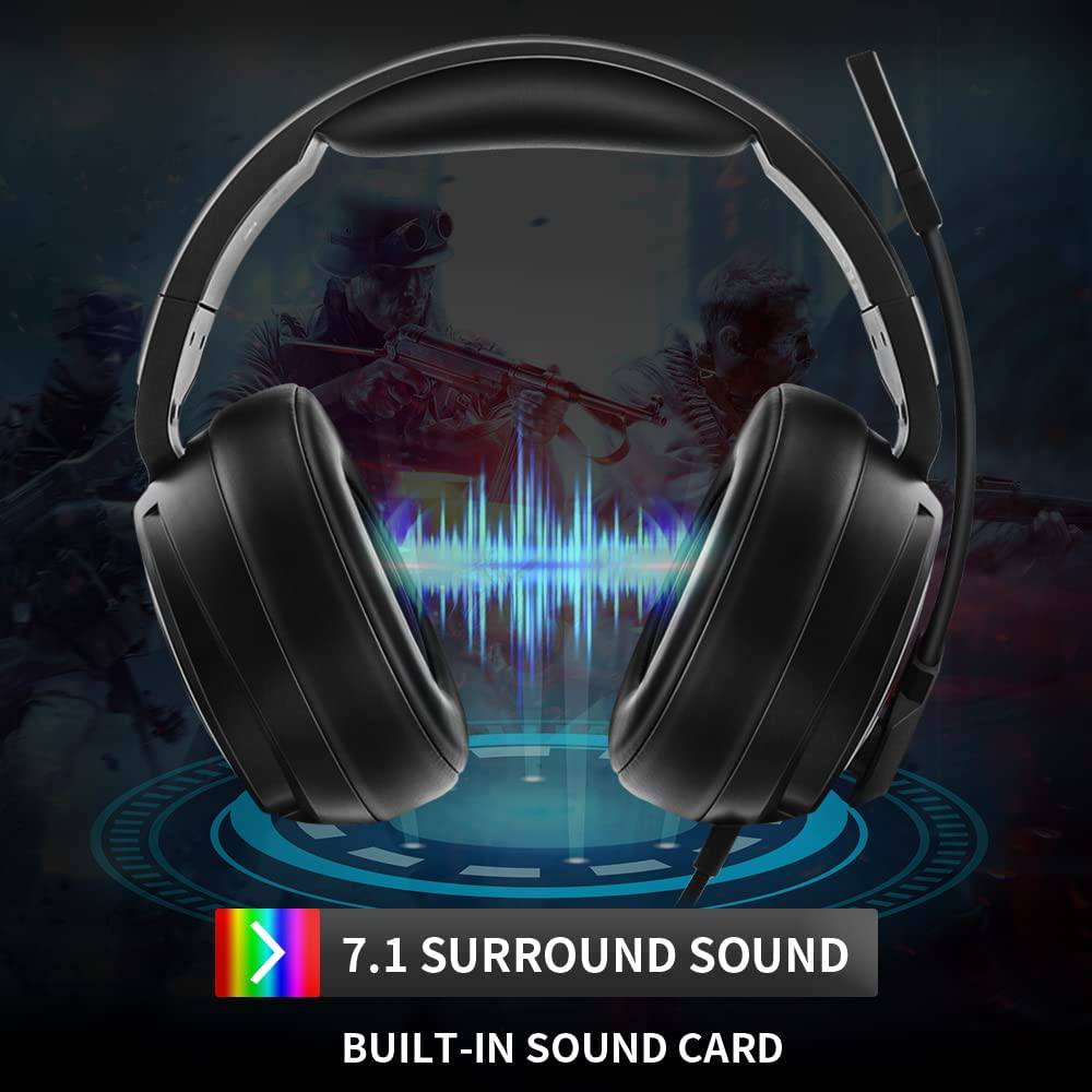 Jeecoo USB Pro Gaming Headset para PC - Auriculares de sonido envolvente 7.1 con micrófono con cancelación de ruido - Almohadillas de espuma viscoelástica Luces RGB para portátiles