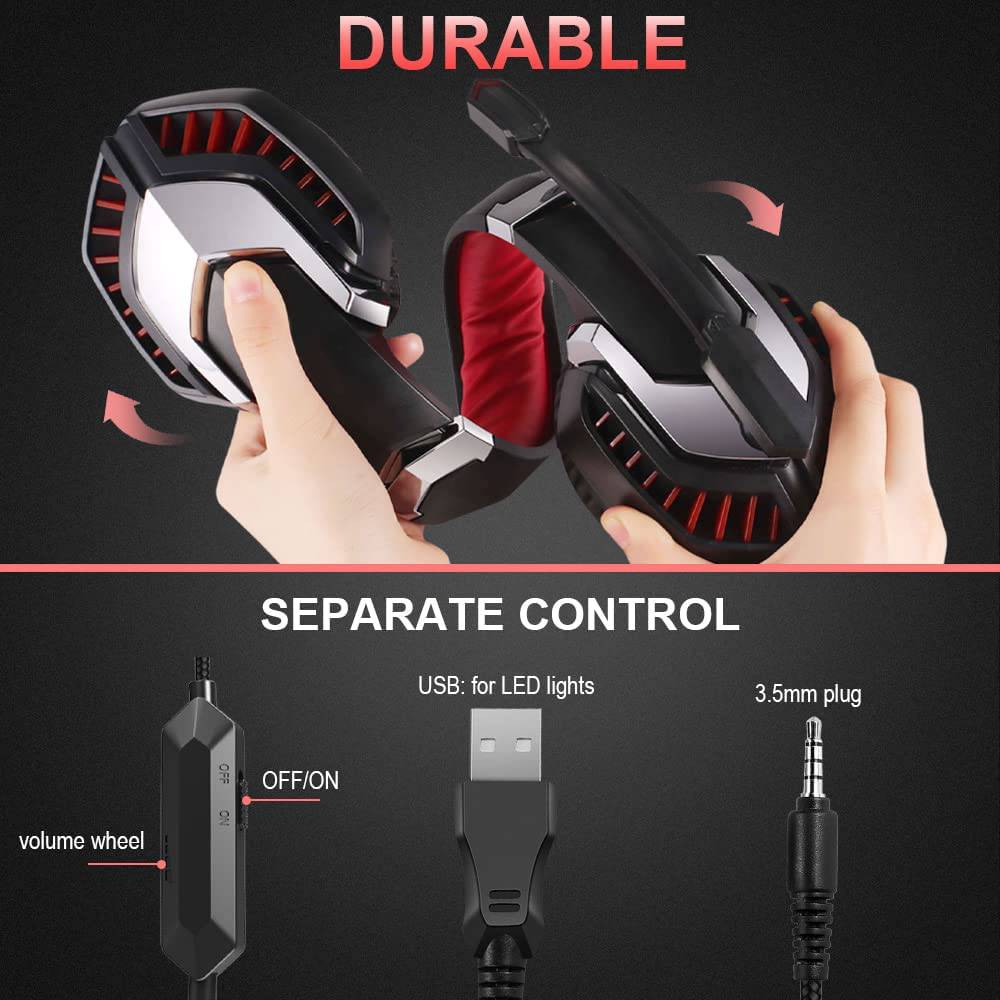 Donerton - Auriculares para juegos, sobre la oreja con micrófono con cancelación de ruido, sonido envolvente de graves estéreo, orejeras de memoria suave, luz LED, auriculares para juegos PS4 compatibles con PC, computadora portátil, PS4, PS5, rojo