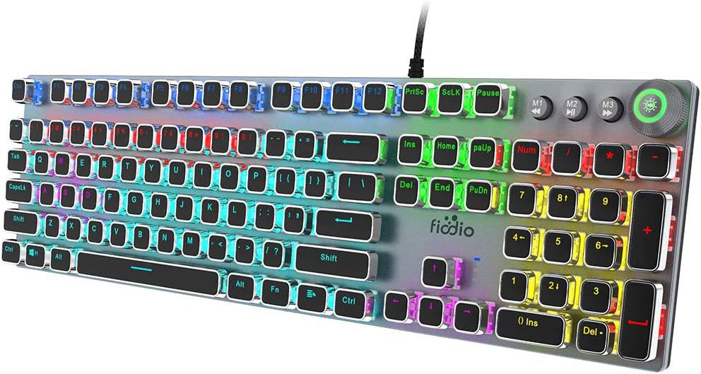 Fiodio - Teclado mecánico para juegos, retroiluminación LED Rainbow Gaming, 104 teclas anti-efecto fantasma, interruptores negros de respuesta rápida, control multimedia para PC y computadora de escritorio, con reposamanos extraíble