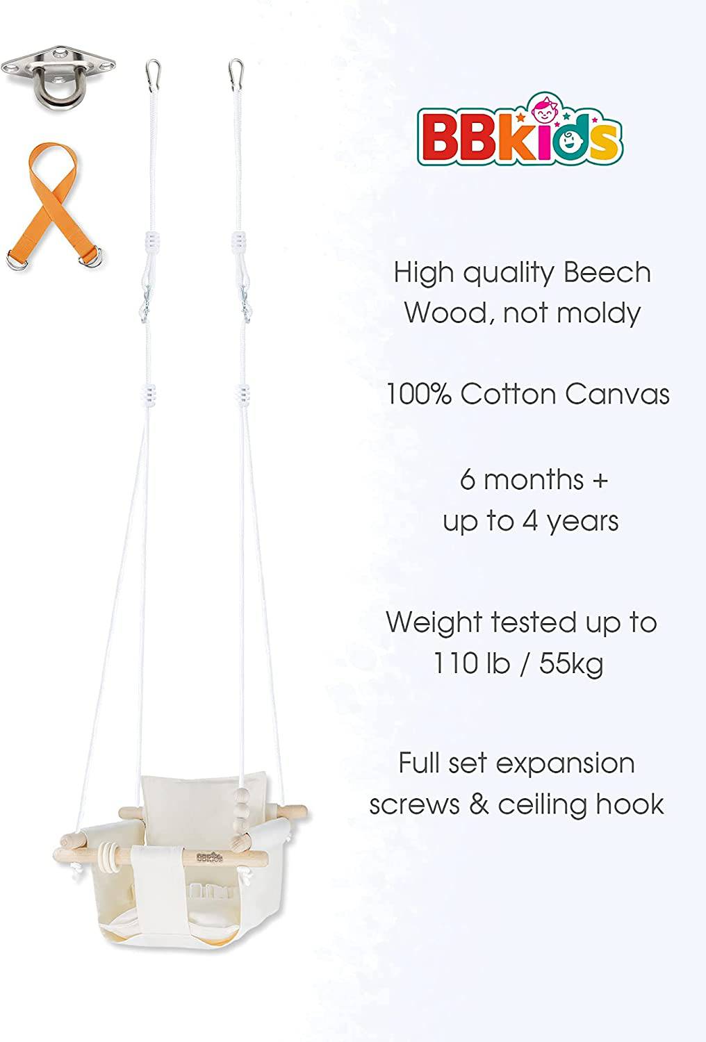 Columpio para bebé BBkids para exteriores e interiores, columpio colgante de lona para bebé, columpio para árbol de bebé para niños pequeños, madera de haya no mohosa, no maliciosa, juego completo de tornillos de techo (crema) - DIGVICE MX