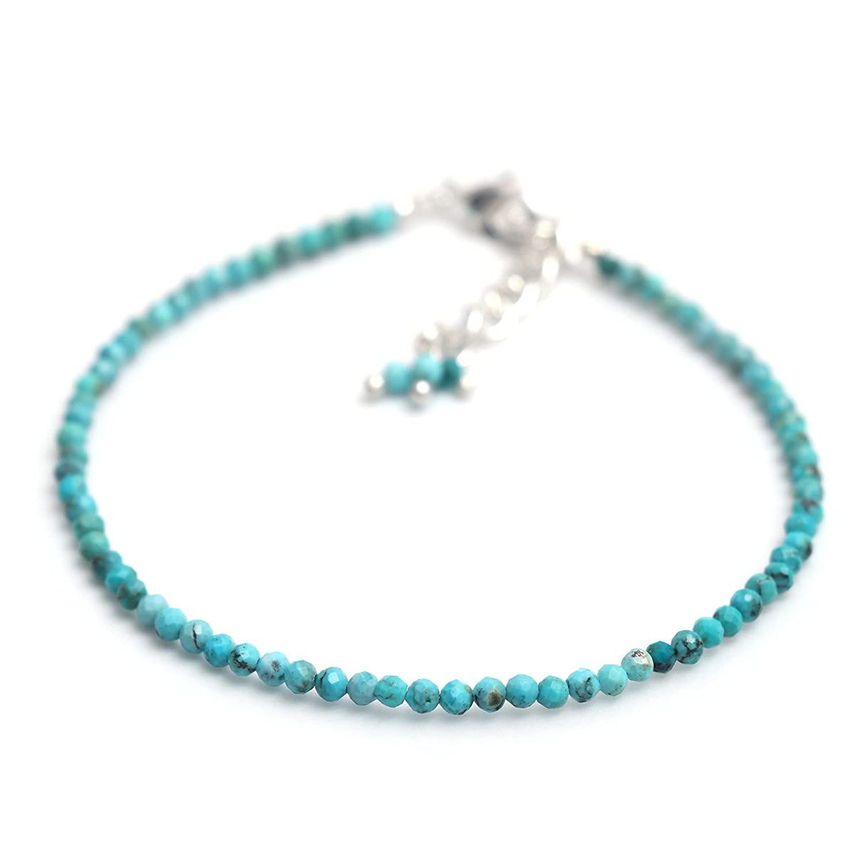 Gempires Pulsera de cuentas de turquesa natural, joyería hecha a mano, cuentas microfacetadas de 2,4-2,5 mm, cadena ajustable chapada en plata de 7 + 1 pulgada (turquesa) - DIGVICE MX