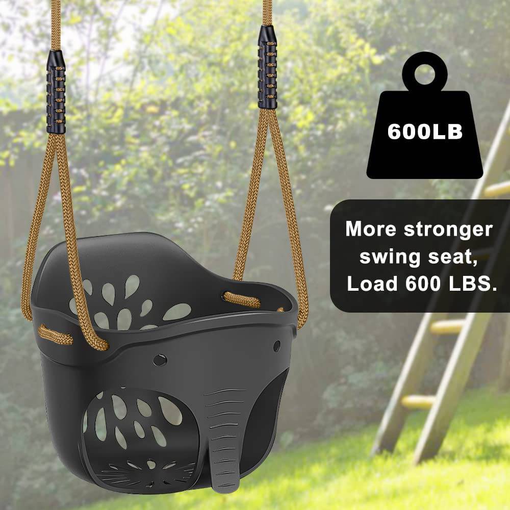 SELEWARE Asiento de columpio para niños pequeños con respaldo alto y respaldo alto con mosquetones de bloqueo y cuerda ajustable, lindo diseño en forma de elefante, límite de peso de 600 lb (columpio de cubo, negro) - DIGVICE MX