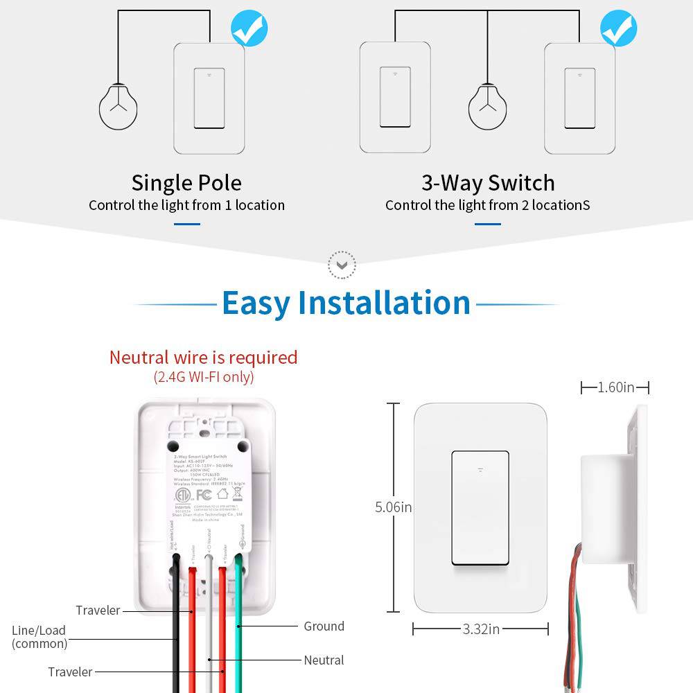 MICMI Interruptor de luz inteligente de 3 vías, compatible con Alexa, Asistente de Google, IFTTT, interruptor de luz WiFi de 3 vías, requiere cable neutro, control remoto de aplicación de configuración de programación, ETL, no requiere concentrador (2) - DIGVICE MX