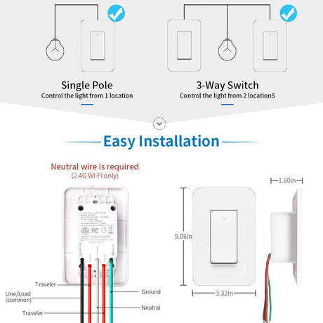 MICMI Interruptor de luz inteligente de 3 vías, compatible con Alexa, Asistente de Google, IFTTT, interruptor de luz WiFi de 3 vías, requiere cable neutro, control remoto de aplicación de configuración de programación, ETL, no requiere concentrador (2) - DIGVICE MX