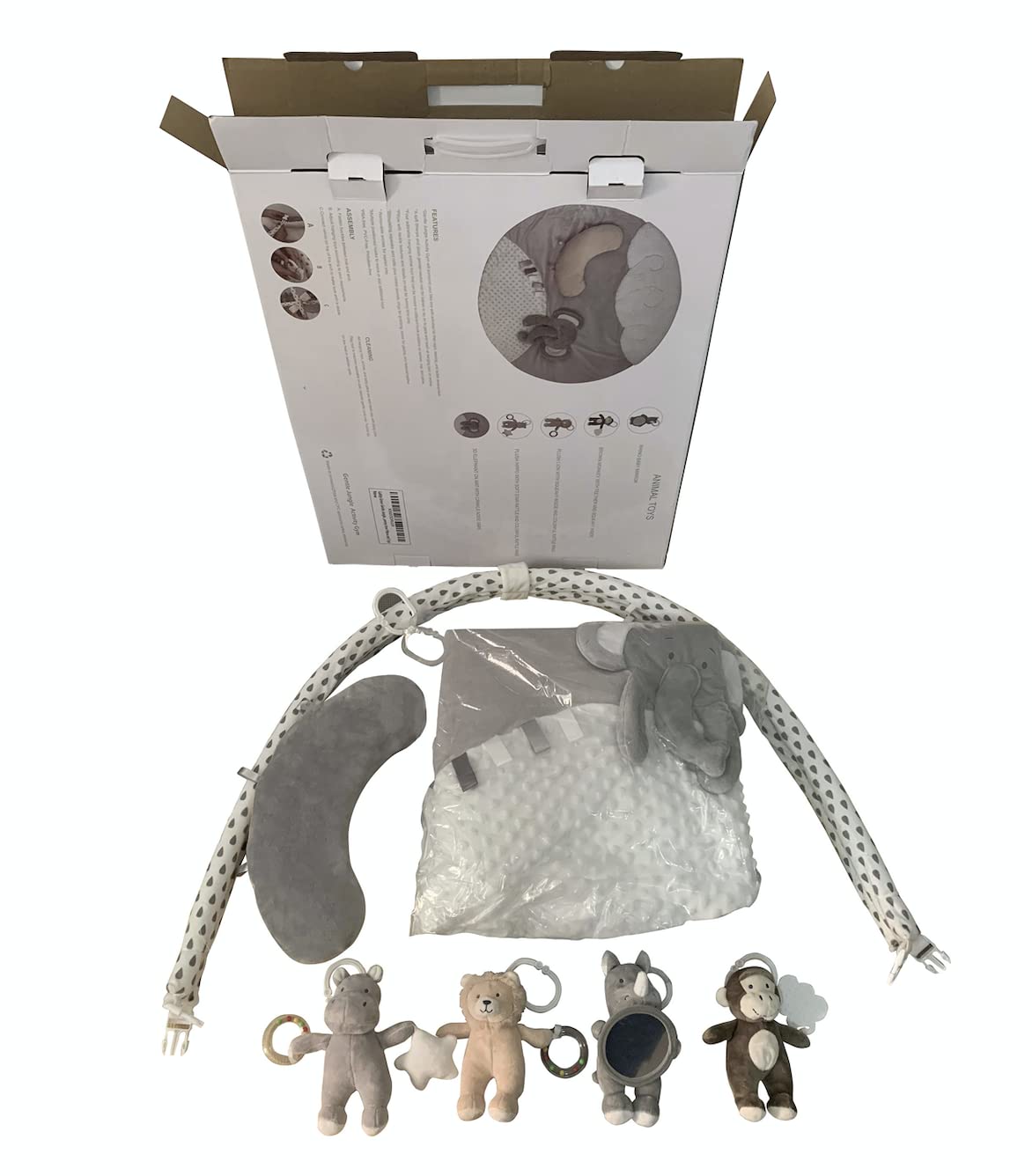 Gabby Grove Gentle Jungle - Gimnasio educativo para actividades de bebé y alfombrilla de juego infantil en gris, regalo de ducha para recién nacido con espejo, almohada para el tiempo boca abajo y juguetes en tonos neutros gris, blanco y crema - DIGVICE MX