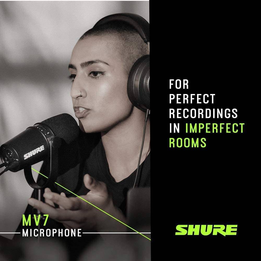 Shure MV7 Micrófono USB para podcasting, grabación, transmisión en vivo y juegos, salida de auriculares integrada, micrófono dinámico USB/XLR totalmente metálico, tecnología de aislamiento de voz, certificación TeamSpeak y Zoom, negro