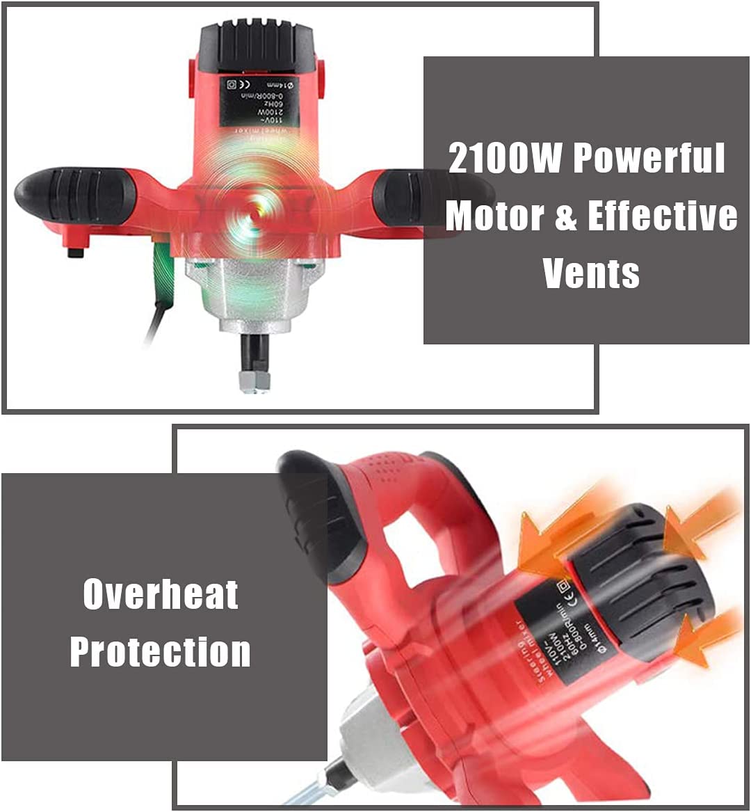 SIMFORT - Mezclador de cemento mezclador de pintura, mezclador de hormigón portátil de 2100 W para mezclar yeso de barro, ajuste de 6 velocidades, mezclador de mortero de mano de 110 V con guantes - DIGVICE MX