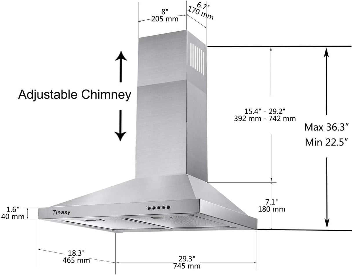 TIEASY - Campana extractora de montaje en pared de 30 pulgadas con conducto convertible con/sin conducto, estilo chimenea de acero inoxidable con luz LED, ventilador de escape de 3 velocidades, 450 CFM - DIGVICE MX