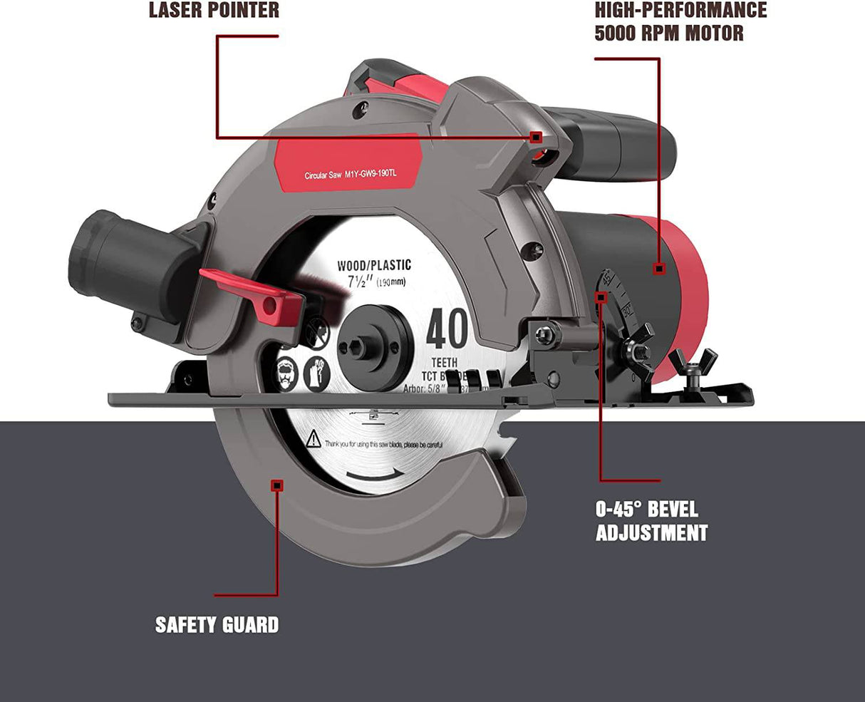 Sierra circular Grifucher con guía láser, sierra circular con cable de 5000 RPM con 2 hojas de 7-1/2'' (24 T y 40 T), 1500 W/12 A Profundidad máxima de corte de 2-5/8" (90°) a 1-7 /10”(45°), ideal para cortes de troncos de madera - DIGVICE MX