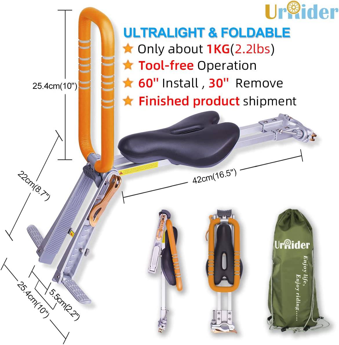 UrRider Asiento de bicicleta para niños, asiento de bicicleta para niños de montaje frontal, plegable, portátil, sin herramientas, liberación rápida, actualización, para niños de 2 a 6 años (hasta 60 libras) - DIGVICE MX