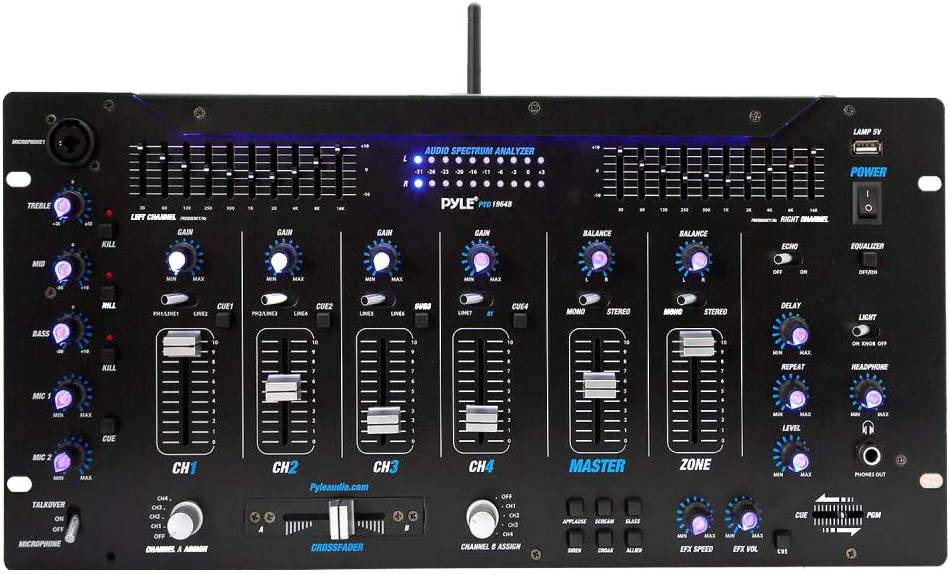 Pyle Mezclador de 6 canales, controlador de DJ Bluetooth, mezclador estéreo, sistema de sonido profesional, iluminación LED, mezclador de audio digital, sistema de mezcla digital, control de velocidad, sistema de montaje en rack 5U, PYD1964B.5