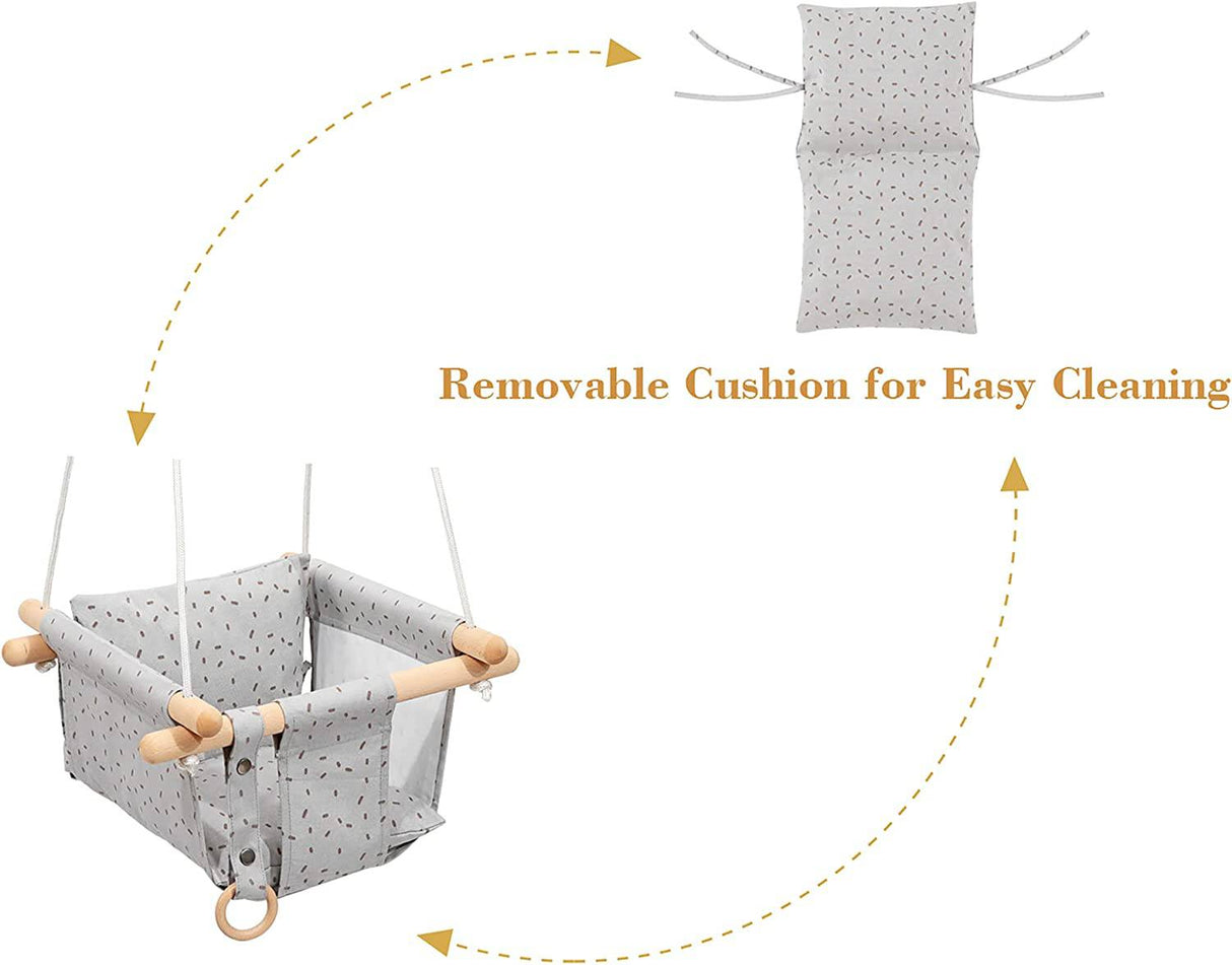 Milan Secure lona y madera para bebé, columpio colgante para interior y exterior, columpios de 6 a 36 meses con anillo de madera natural y cinturón de seguridad seguro, gris claro - DIGVICE MX