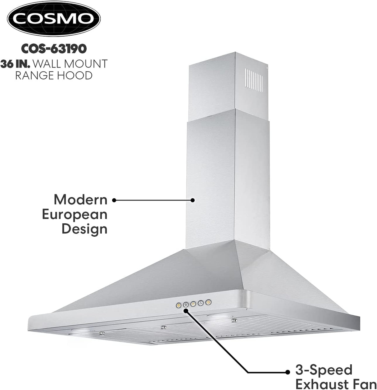 COSMO 63190 Campana de montaje en pared de 36 pulgadas con conductos convertibles sin conductos (no incluye kit), ventilación sobre la estufa estilo chimenea de cocina, ventilador de escape de 3 velocidades, filtros permanentes - DIGVICE MX
