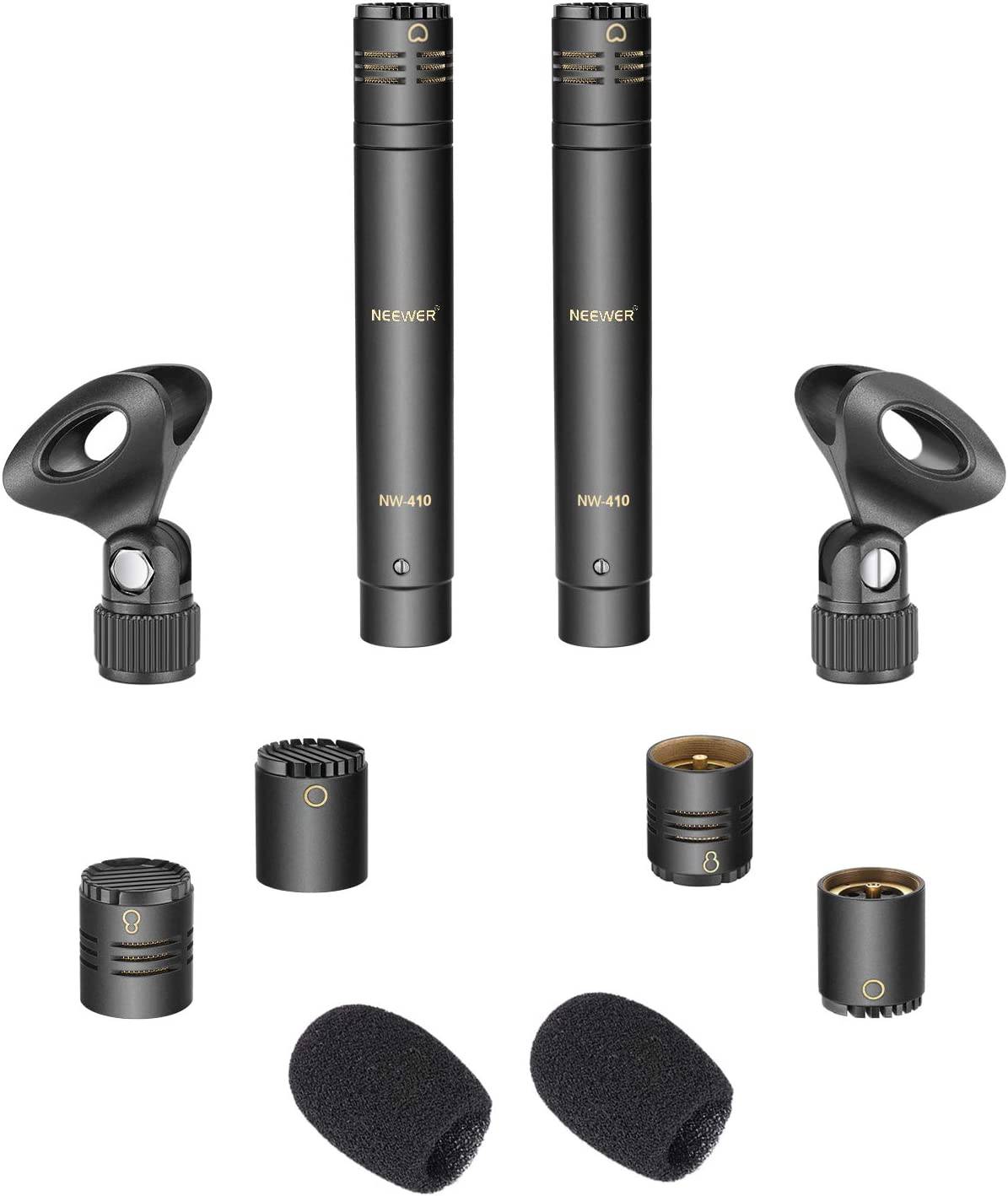 Neewer Paquete de 2 micrófonos de condensador tipo lápiz con cápsulas omni, cardioide y supercardioide intercambiables, parabrisas de espuma, clip de micrófono y estuche de transporte portátil para instrumentos acústicos de viento de madera