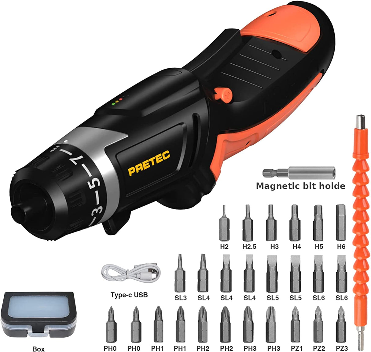 Destornillador eléctrico inalámbrico PRETEC, destornillador de batería con par 6+1, destornillador eléctrico recargable USB de 3,6 V 1500 mAh con luz de trabajo LED (31 en 1) - DIGVICE MX