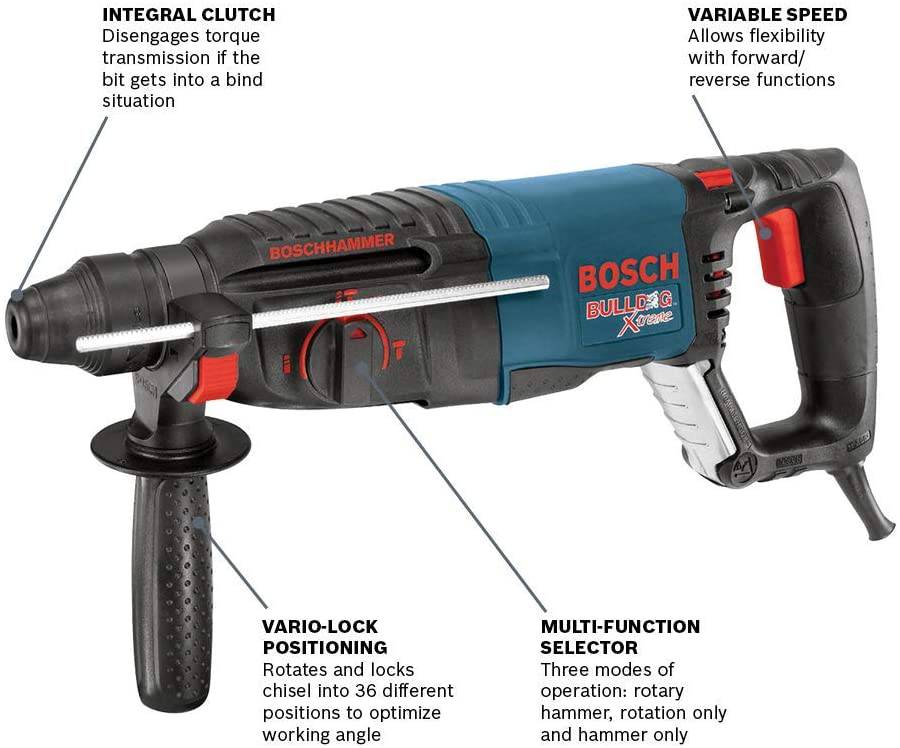 BOSCH 11255VSR Bulldog Xtreme - Taladro eléctrico con cable de 8 amperios y 1 pulgada de velocidad variable Sds-Plus para concreto/mampostería con estuche de transporte, azul - DIGVICE MX