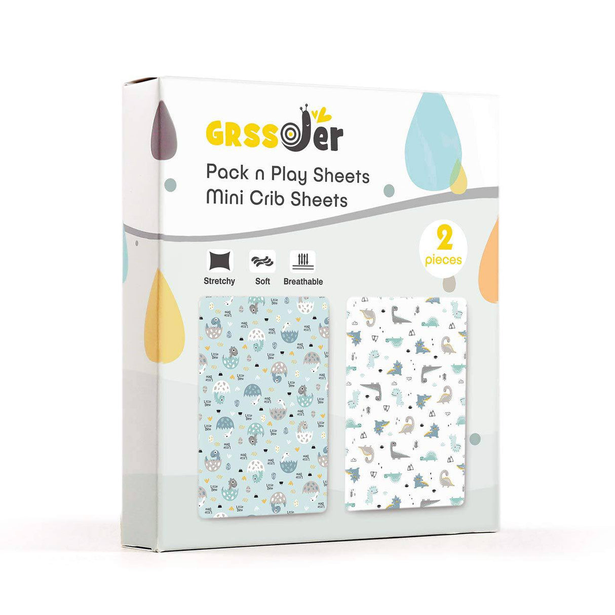 GRSSDER Stretch Ultra Soft Jersey Knit Pack n Play Juego de sábanas bajeras, paquete de 2. Sábanas portátiles/mini cunas Playards, dinosaurios felices para niñas y niños - DIGVICE MX