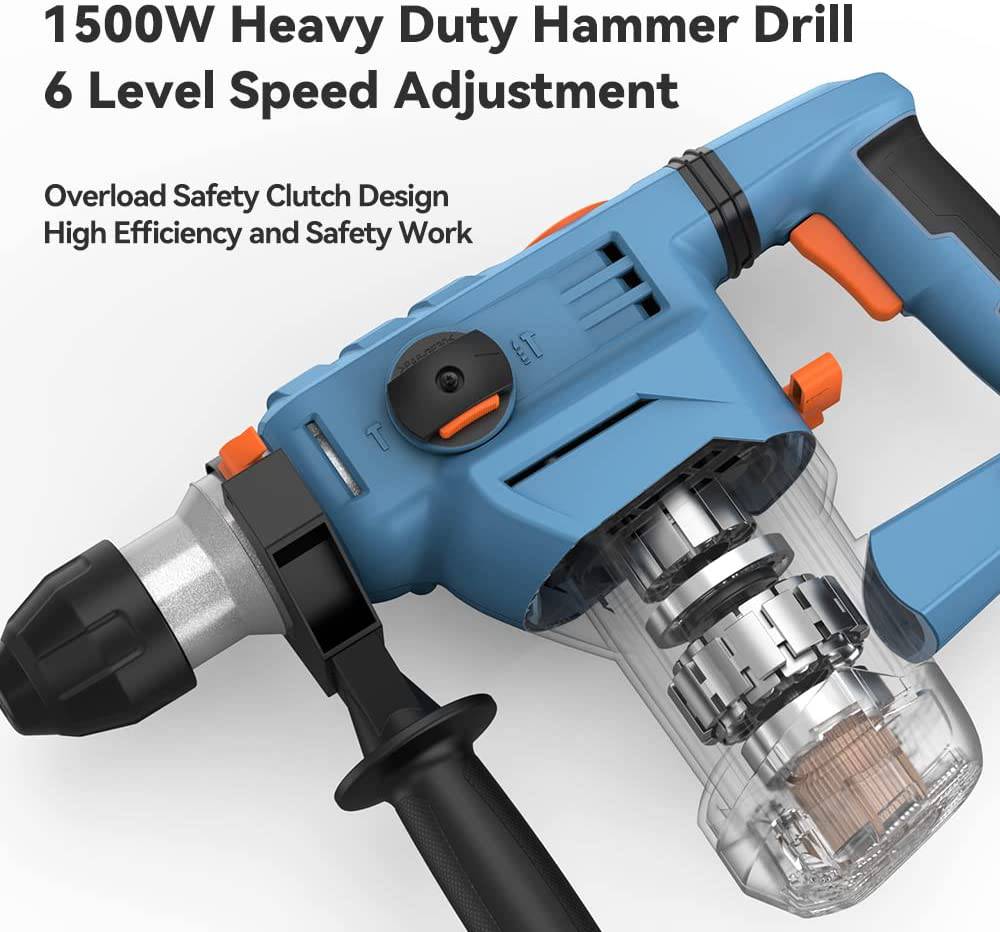 Taladro percutor giratorio Handife 12,5 A 1500 W Martillo resistente 1-1/4'' SDS-Plus, 3 funciones Regulación de 6 velocidades con tecnología de amortiguación de vibraciones, embrague de seguridad, utilizado para hormigón, metal y piedra - DIGVICE MX