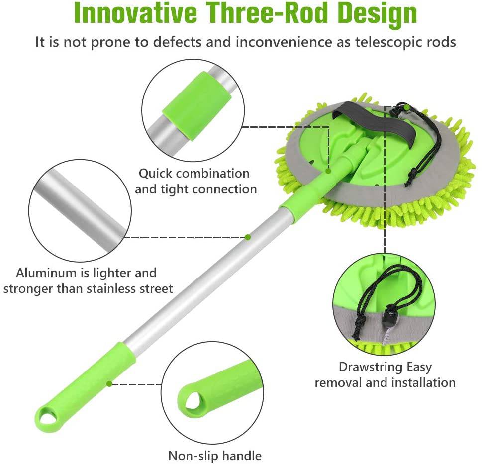ORDENADO - 2 en 1 Chenille Microfiber Car Wash Brush Mop Mitt con mango largo de aluminio de 45 ", kit de limpieza de automóviles Brush Duster