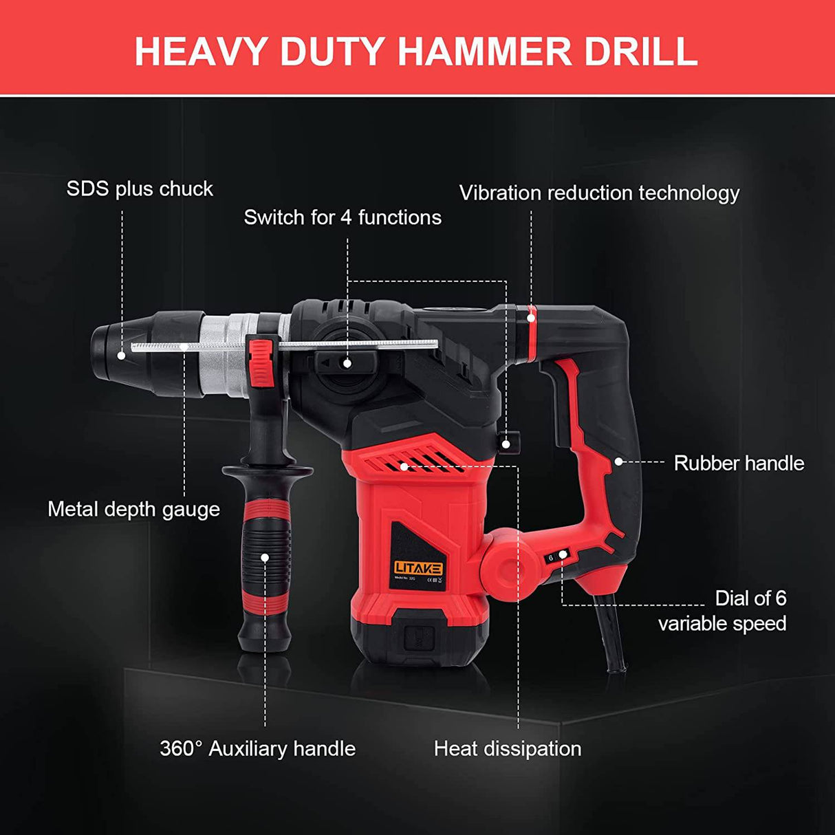 Taladro percutor, Litake 1-1/4 pulgadas SDS Plus 13 Amp 7J Taladros percutores de servicio pesado, Martillo giratorio con control de vibración y embrague de seguridad, Martillo de demolición para concreto, Eliminación de azulejos, Ladrillo de pared - DIGVICE MX