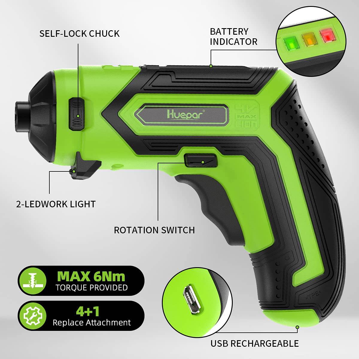 Huepar Destornillador inalámbrico 4V 1.5Ah Max 6Nm Kit de destornillador eléctrico Recargable Pistola de tornillo con 4 accesorios de repuesto-2 Luz LED, 9+1 Ajuste de par y Juego de 35 bits, Cable USB para el hogar DIY CS04 - DIGVICE MX