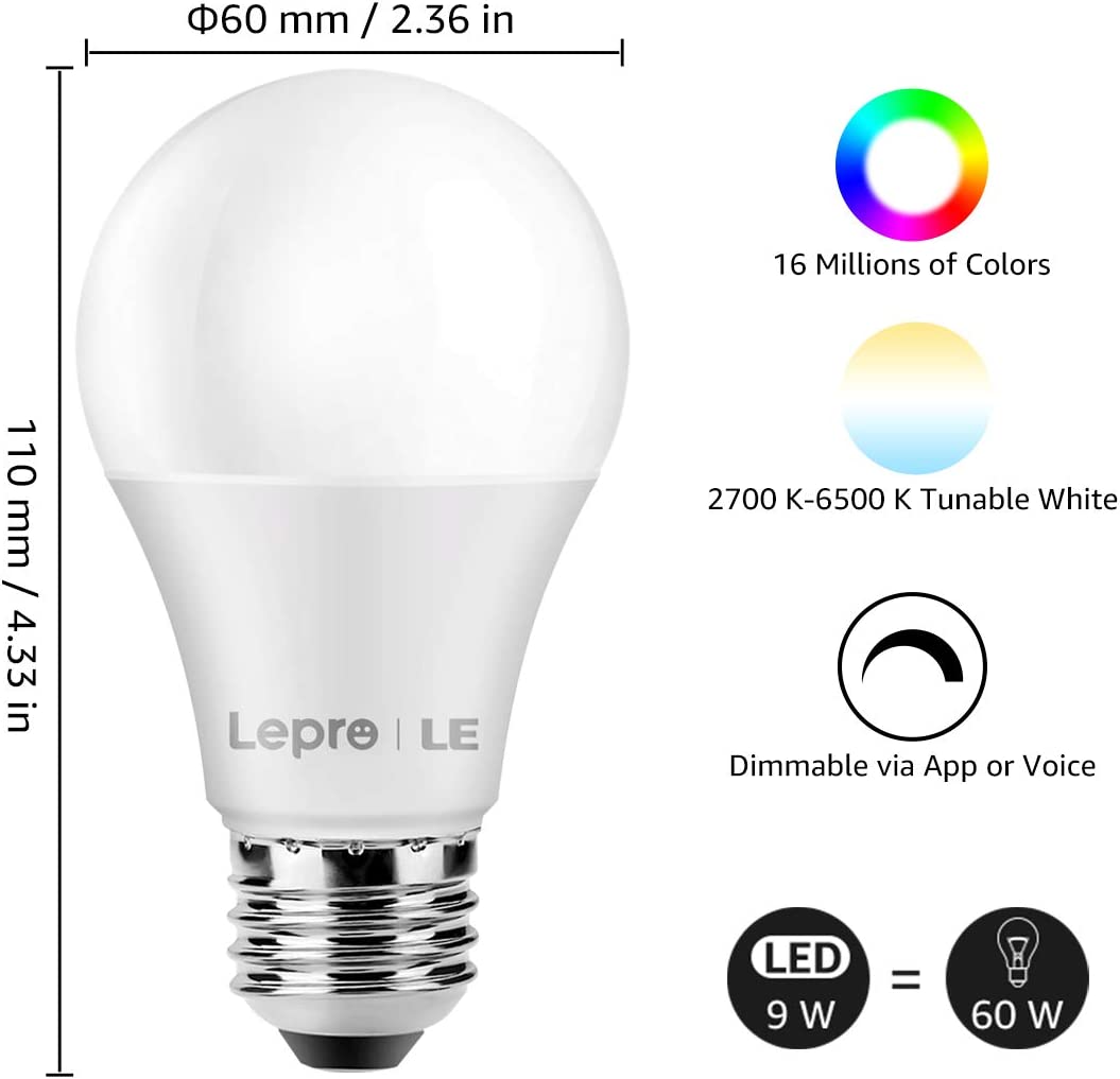 LEPRO - Bombillas WiFi inteligentes, luces LED que cambian de color, funciona con Alexa y Google Assistant, RGBW 2700K-6500K, equivalente a 60 W, regulable con aplicación, A19 E26, no requiere concentrador, solo WiFi de 2,4 GHz, paquete de 4 - DIGVICE MX