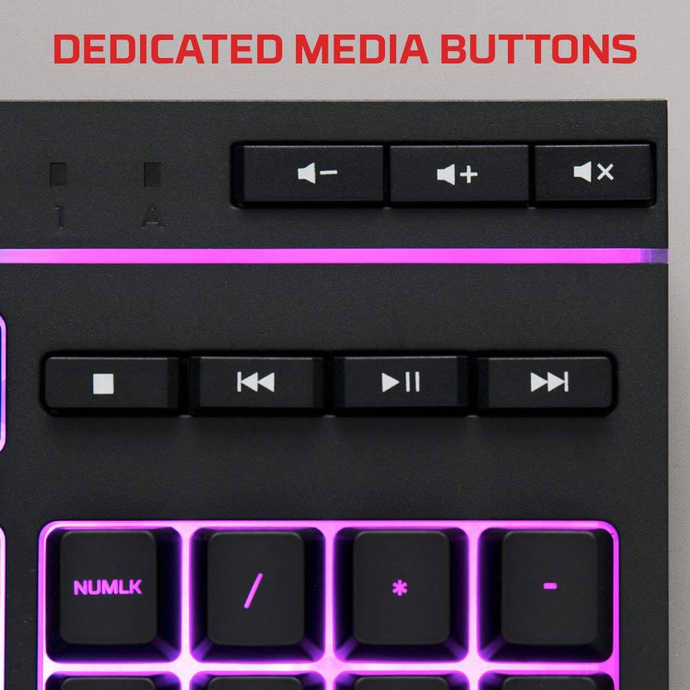 HyperX Alloy Core RGB - Teclado de membrana para juegos, teclas cómodas, silenciosas y silenciosas con efectos de iluminación LED RGB, resistente a derrames, teclas multimedia dedicadas, compatible con Windows 10/8.1/8/7 - Negro